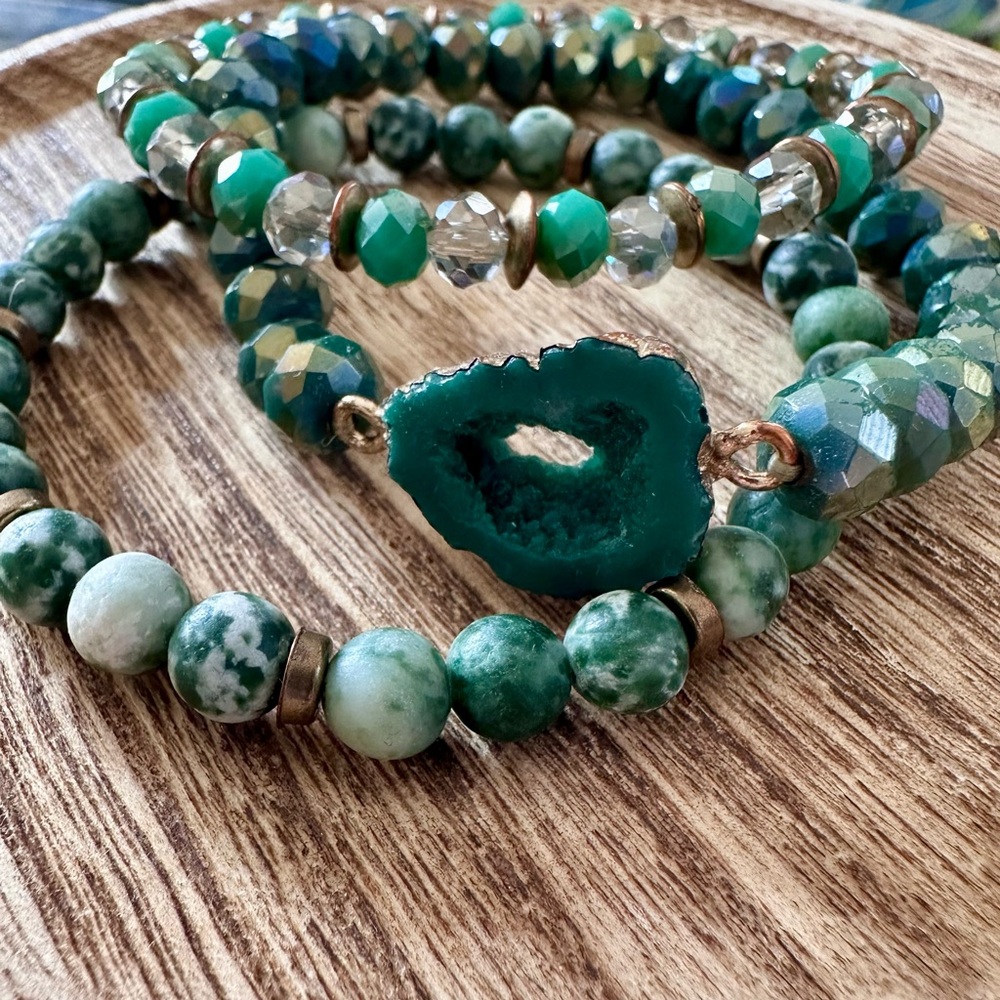 Green Beaded Three Bracelet Set